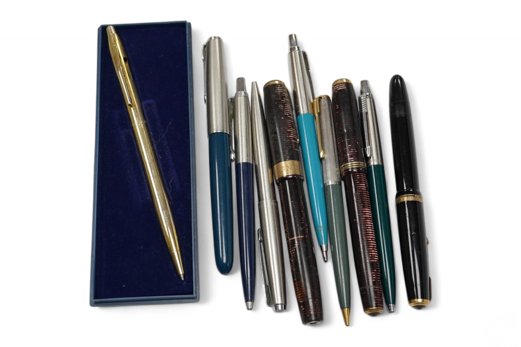 A group of ten various pens, mostly Parker, including one 9ct gold mounted. Condition - varies